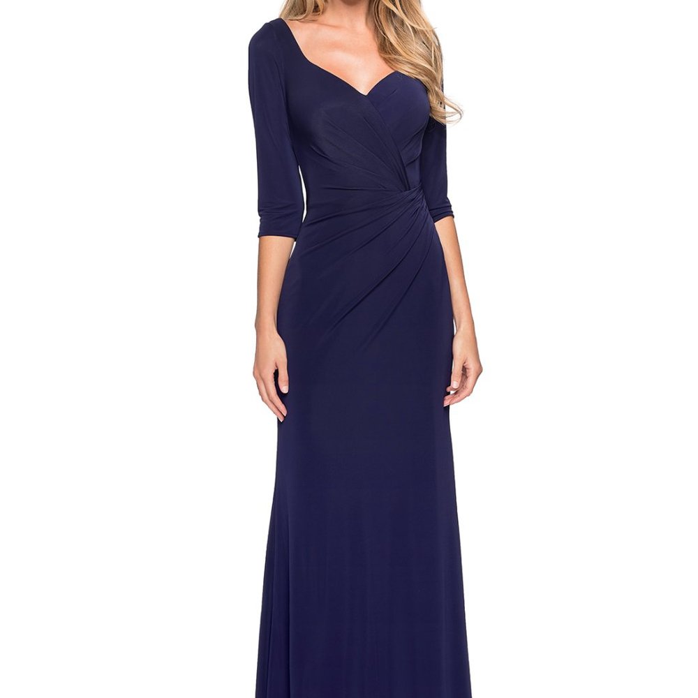 La Femme Navy Jersey Gown w Sweetheart Neckline and Ruched Bodice